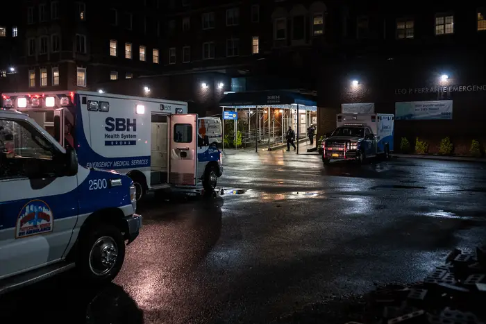 Two ambulances sit outisde of St. Barnabas Hospital in the Bronx